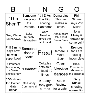 Super Bowl 50 Bingo Card