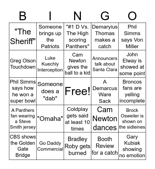 Super Bowl 50 Bingo Card