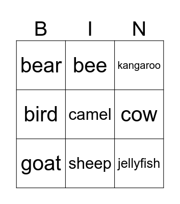 Animals Bingo Card