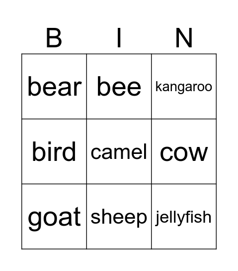 Animals Bingo Card