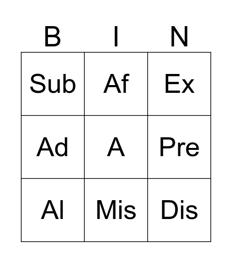 Ms Koos Prefix Bingo Card