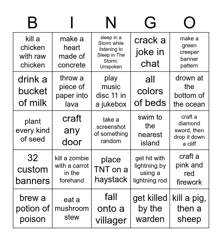 Custom Minecraft Bingo Card