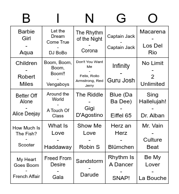 Eurodance Hitbingo Card