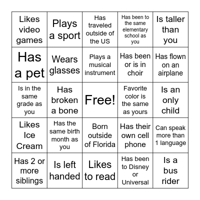 GET TO KNOW YOU BINGO/ FIND SOMEONE WHO... Bingo Card