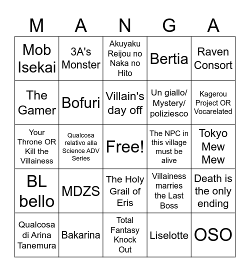 Manga che vorrei vedere in Italia Bingo Card