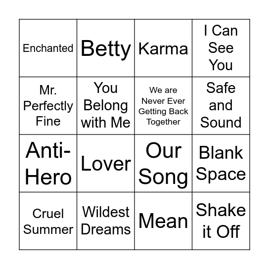 Taylor Swift Bingo Card