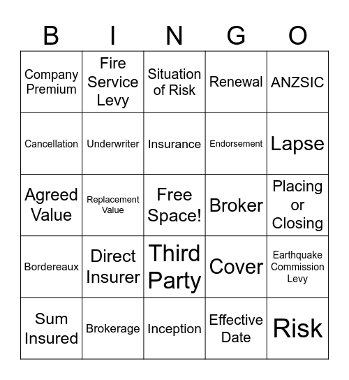 Insurance Terms Bingo Card