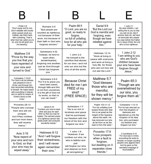 Forgiveness Bible Bingo Card