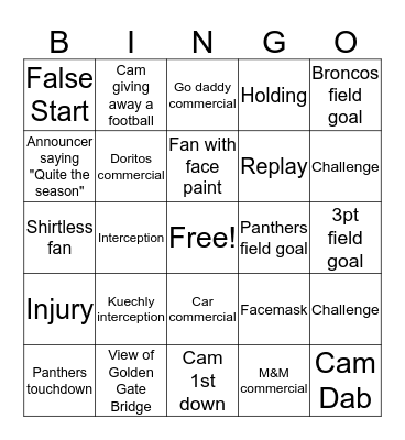 Super Bowl Bingo Card