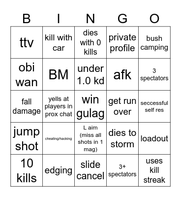 warzone Bingo Card