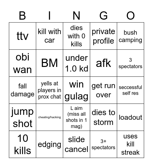 Warzone Bingo Card