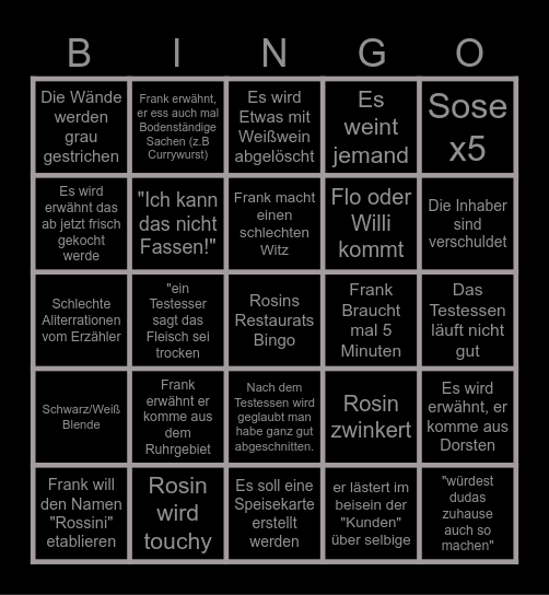 Rosins Restaurant Bingo Card