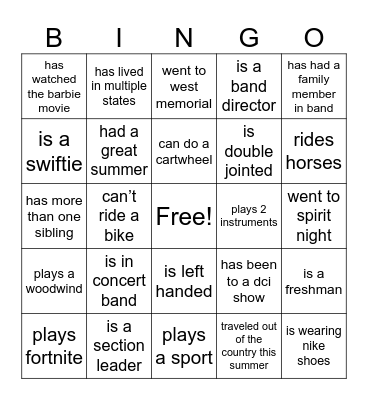 band bonding bestie bingo bonanza!!!! Bingo Card