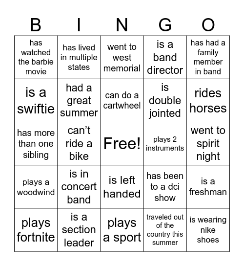 band bonding bestie bingo bonanza!!!! Bingo Card