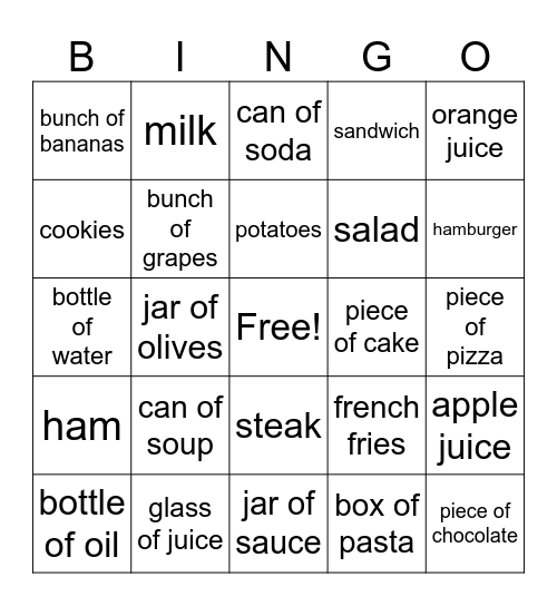 Food Bingo Card