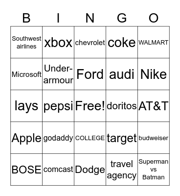 Superbowl Commercial  Bingo Card