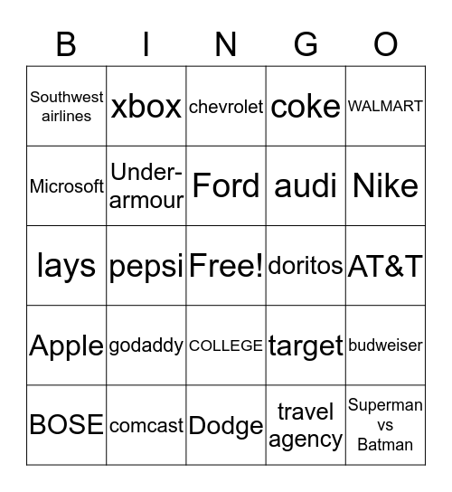 Superbowl Commercial  Bingo Card