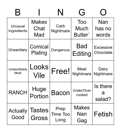 Gross Recipe Bingo Card