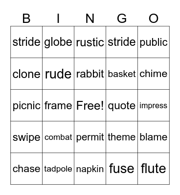 VCE and VCCV Bingo Card