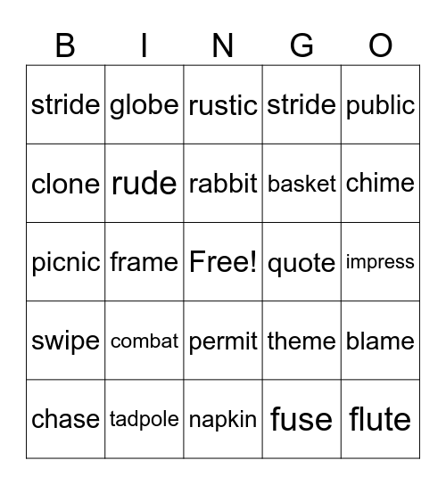 VCE and VCCV Bingo Card