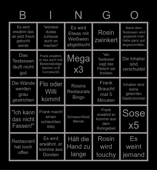 Rosins Restaurant Bingo Card