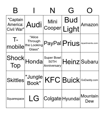 Super Bowl Commercials Bingo Card