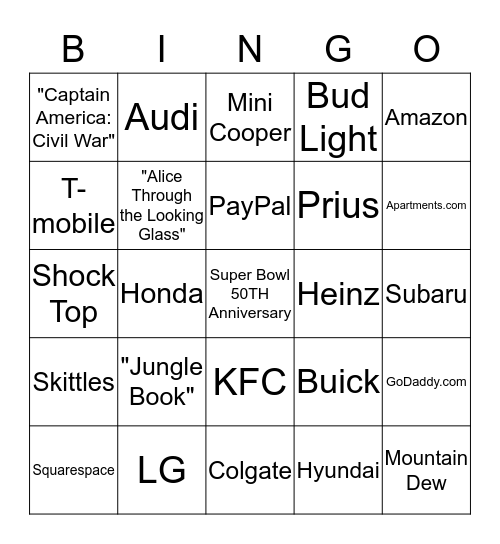 Super Bowl Commercials Bingo Card