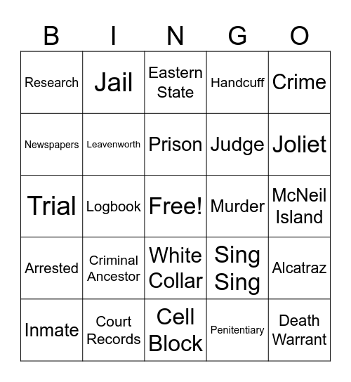 Criminal Genealogy Bingo Card