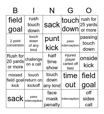 Superbowl Scoring  Bingo Card