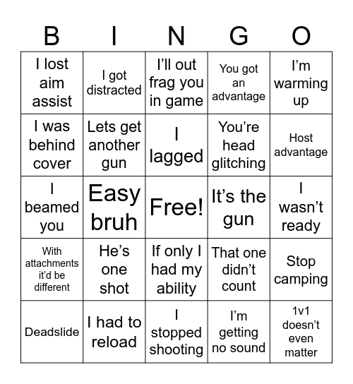 Apex 1v1 Sayings Bingo Card