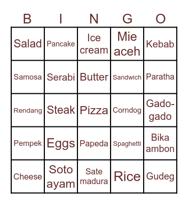 Food Bingo Card