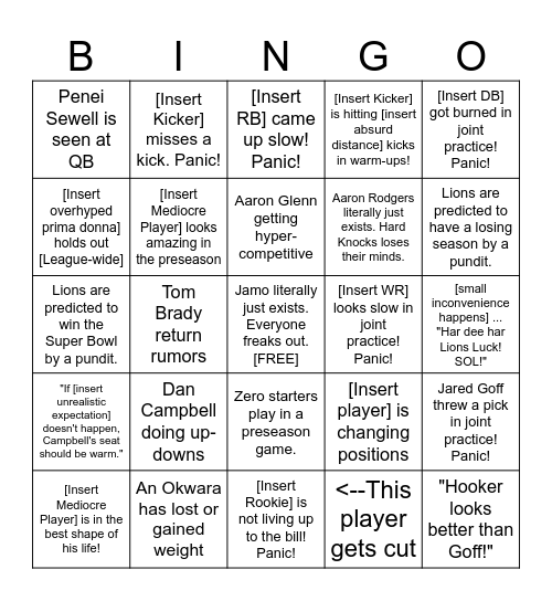 Lions Preseason Bingo! Bingo Card