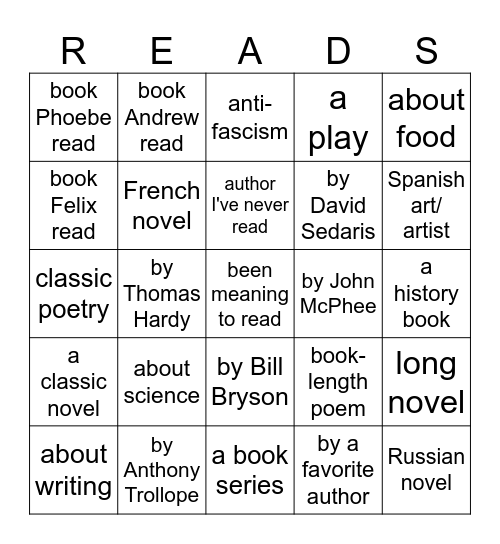 Start of School Reading Bingo Card