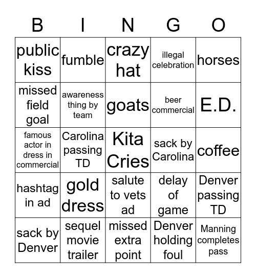 SUPER BOWL 2016 BABY Bingo Card
