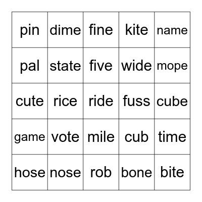 Silent E Bingo Card
