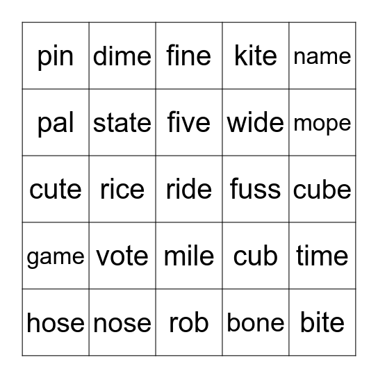 Silent E Bingo Card