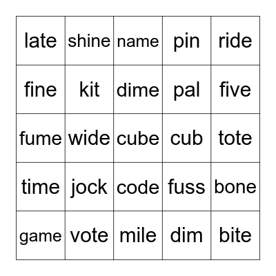 Silent E Bingo Card
