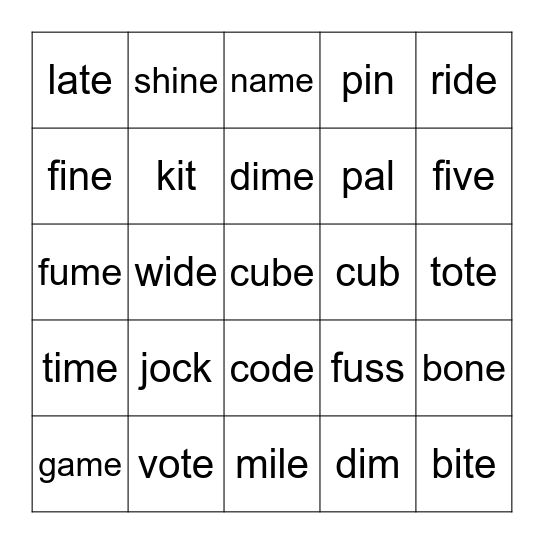 Silent E Bingo Card