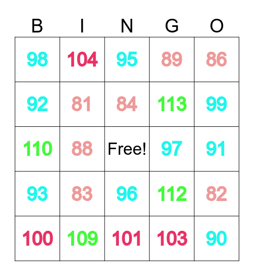 114 (78 à 114) Bingo Card