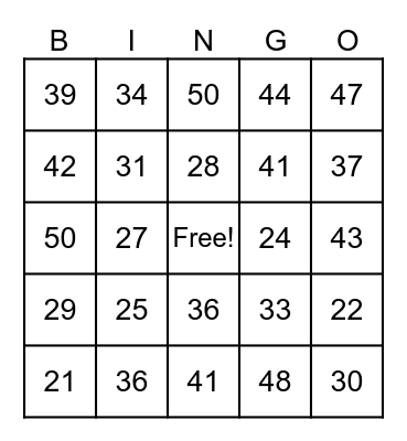 NUMBER BINGO Card