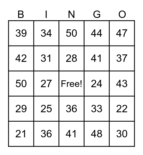 NUMBER BINGO Card