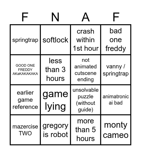 fnaf's eve Bingo Card