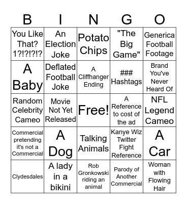 Superbowl Commercial Bingo! Bingo Card