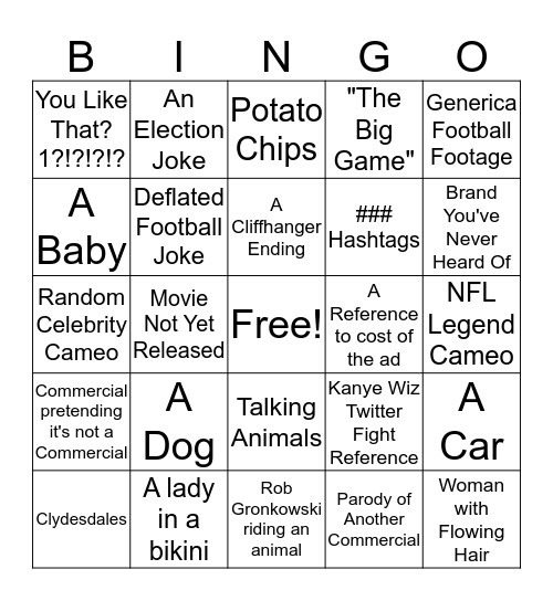 Superbowl Commercial Bingo! Bingo Card