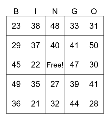 Number Bingo Card