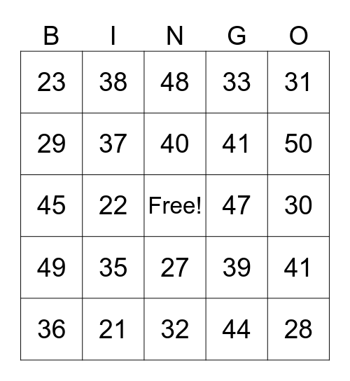 Number Bingo Card