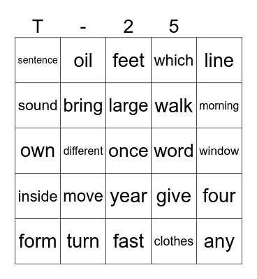 T -  25 Bingo Card