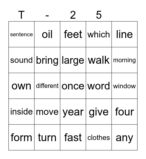 T -  25 Bingo Card