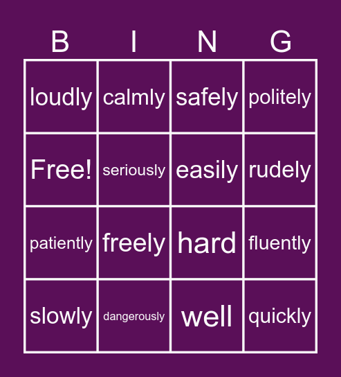 Adverbs Bingo Card