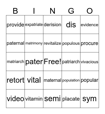 Caesar's Vocabulary Bingo Card